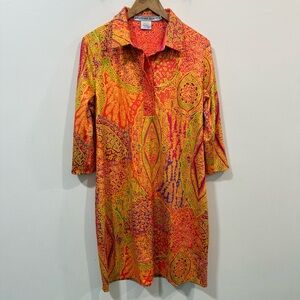 Gretchen Scott Vibrant Orange Pink Abstract Pattern Long Sleeve Dress Size L
